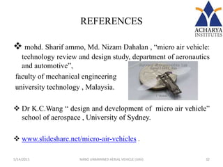 REFERENCES
 mohd. Sharif ammo, Md. Nizam Dahalan , “micro air vehicle:
technology review and design study, department of aeronautics
and automotive”,
faculty of mechanical engineering
university technology , Malaysia.
 Dr K.C.Wang “ design and development of micro air vehicle”
school of aerospace , University of Sydney.
 www.slideshare.net/micro-air-vehicles .
5/14/2015 32NANO UNMANNED AERIAL VEHICLE (UAV)
 