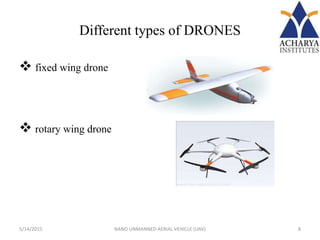 Different types of DRONES
 fixed wing drone
 rotary wing drone
5/14/2015 8NANO UNMANNED AERIAL VEHICLE (UAV)
 