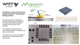 The SE12 is a core part of the new
patented Nanoslic™ hydrophobic
coating process
The Watt Laser SE12 is designed to
remove contaminants and oxides from
the stencil surface AND importantly,
increase the surface area of the
substrate.
This effectively provides millions of
micro-rivets of Nanoslic™, gripping to the
surface of the stencil.
This results in the world’s most effective
AND the world’s most durable stencil
nano coating.
 