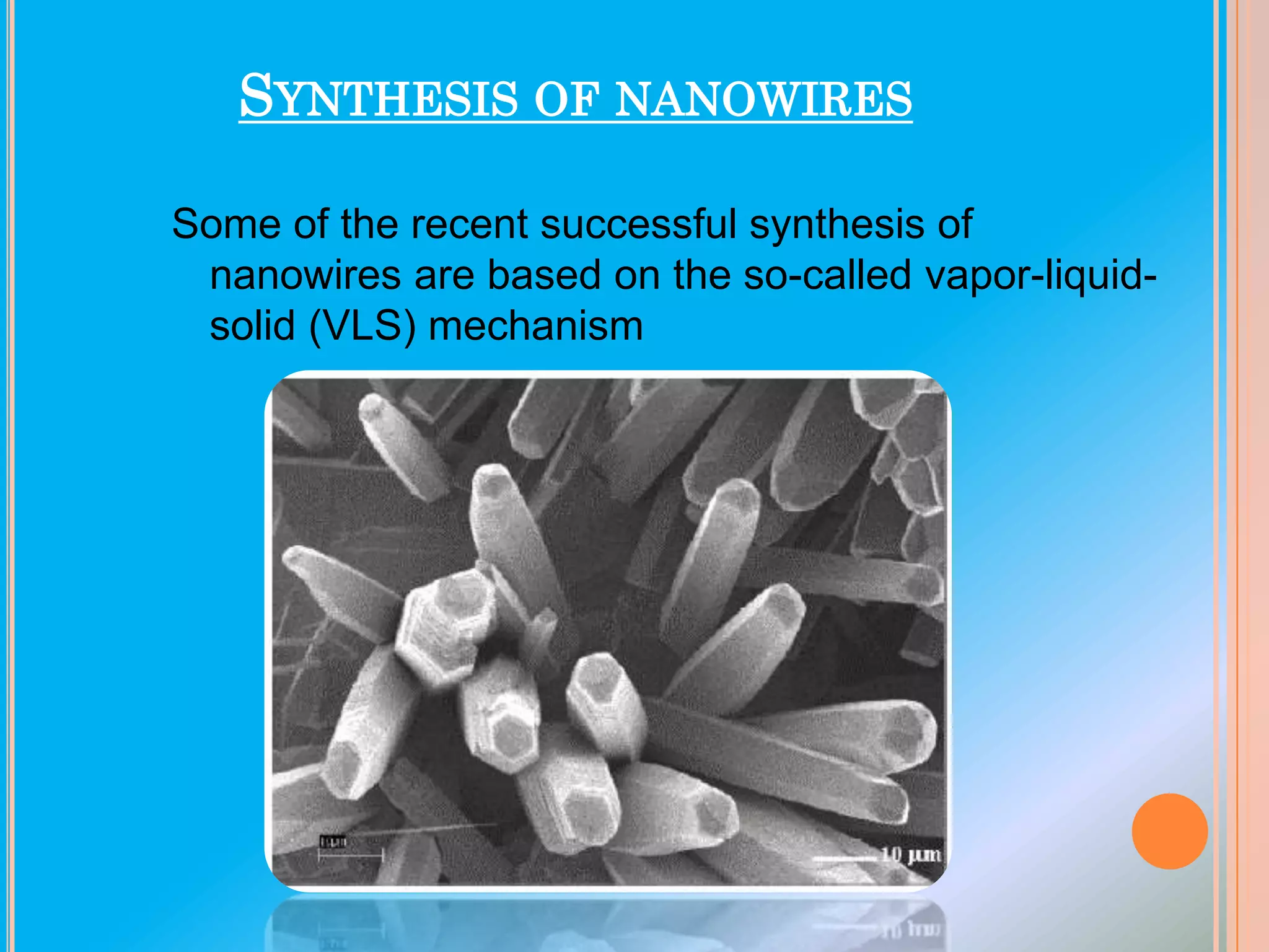 SYNTHESIS OF NANOWIRES
Some of the recent successful synthesis of
nanowires are based on the so-called vapor-liquidsolid (VLS) mechanism

 