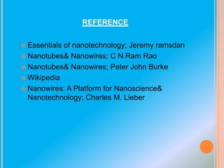 REFERENCE
Essentials of nanotechnology; Jeremy ramsdan
 Nanotubes& Nanowires; C N Ram Rao
 Nanotubes& Nanowires; Peter John Burke
 Wikipedia
 Nanowires: A Platform for Nanoscience&
Nanotechnology; Charles M. Lieber


 