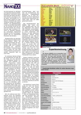 TELE-satellite World                                     www.TELE-satellite.com/...
                                                                         Download this report in other languages from the Internet:
                                                                         Arabic              ‫ﺍﻟﻌﺮﺑﻴﺔ‬            www.TELE-satellite.com/TELE-satellite-0805/ara/nanoxx.pdf
                                                                         Indonesian          Indonesia          www.TELE-satellite.com/TELE-satellite-0805/bid/nanoxx.pdf
                                                                         Bulgarian           Български          www.TELE-satellite.com/TELE-satellite-0805/bul/nanoxx.pdf
                                                                         Czech               Česky              www.TELE-satellite.com/TELE-satellite-0805/ces/nanoxx.pdf
die Informationen zur aktuellen       Erfreulicherweise lässt sich       German              Deutsch            www.TELE-satellite.com/TELE-satellite-0805/deu/nanoxx.pdf
                                                                         English             English            www.TELE-satellite.com/TELE-satellite-0805/eng/nanoxx.pdf
und folgenden Sendung enthält.        über die Fernbedienung das         Spanish             Español            www.TELE-satellite.com/TELE-satellite-0805/esp/nanoxx.pdf
Desweiteren informieren kleine        gewünschte      Ausgangssignal     Farsi               ‫ﻓﺎﺭﺳﻲ‬              www.TELE-satellite.com/TELE-satellite-0805/far/nanoxx.pdf
                                                                         French              Français           www.TELE-satellite.com/TELE-satellite-0805/fra/nanoxx.pdf
Icons über den Status des aktu-       anpassen und so kann pro-          Greek               Ελληνικά           www.TELE-satellite.com/TELE-satellite-0805/hel/nanoxx.pdf
ellen Senders und zeigen so an,       blemlos mit einem Tastendruck      Croatian            Hrvatski           www.TELE-satellite.com/TELE-satellite-0805/hrv/nanoxx.pdf
                                                                         Italian             Italiano           www.TELE-satellite.com/TELE-satellite-0805/ita/nanoxx.pdf
ob dieser verschlüsselt ist, in       zwischen den unterstützen For-     Hungarian           Magyar             www.TELE-satellite.com/TELE-satellite-0805/mag/nanoxx.pdf
HDTV sendet, gesperrt ist, über       maten 576p, 720p und 1080i         Mandarin            中文                 www.TELE-satellite.com/TELE-satellite-0805/man/nanoxx.pdf
                                                                         Dutch               Nederlands         www.TELE-satellite.com/TELE-satellite-0805/ned/nanoxx.pdf
Teletext, Untertitel oder mehre       gewechselt werden.                 Polish              Polski             www.TELE-satellite.com/TELE-satellite-0805/pol/nanoxx.pdf
                                                                         Portuguese          Português          www.TELE-satellite.com/TELE-satellite-0805/por/nanoxx.pdf
Tonspuren verfügt. Eine Signal-                                          Romanian            Românesc           www.TELE-satellite.com/TELE-satellite-0805/rom/nanoxx.pdf
stärken- und Qualitätsanzeige            Das Hauptaugenmerk des          Russian             Русский            www.TELE-satellite.com/TELE-satellite-0805/rus/nanoxx.pdf
                                                                         Swedish             Svenska            www.TELE-satellite.com/TELE-satellite-0805/sve/nanoxx.pdf
rundet das perfekte Gesamtbild        9500HD     liegt  neben    dem     Turkish             Türkçe             www.TELE-satellite.com/TELE-satellite-0805/tur/nanoxx.pdf
ab. Ein erneuter Druck auf die        HDTV Empfang ganz klar auf
Informationstaste der Fernbe-         der Möglichkeit, eine externe
dienung zeigt erweiterte Hin-         USB Festplatte anzuschließen.
weise zur aktuellen Sendung,          Erst dadurch wird der 9500HD
ein nochmaliger Tastendruck           zu einem vollwertigen PVR
offenbart für die Technikbegei-       Receiver mit allen gewohnten
sterten alle nur erdenklichen         Funktionen. Äußerst positiv
Parameter des Senders.                überrascht hat uns, dass der
                                      Aufnahmestart dabei vollkom-
   Ausgesprochen gut gelungen         men unbemerkt im Hintergrund
ist der integrierte elektronische     stattﬁndet, während es bei eini-
Programmführer (EPG), der             gen Geräten anderer Herstel-
die Programminhalte der kom-          ler in diesem Moment immer
menden Tage entweder eines            wieder zu kurzen Bild und
Senders oder von 6 Sendern            Tonaussetzern kommt. Da der
gleichzeitig und       übersicht-     Receiver nur über einen Tuner            Mosaic Funktion
lich darstellt. Praktischerweise      verfügt, kann auch nur eine
können direkt aus dem EPG             einzige Aufnahme durchgeführt                          Expertenmeinung
Timeraufnahmen programmiert           werden, sehr wohl möglich ist es
werden, bequemer geht es              aber, während einer Aufnahme           +
nicht mehr.                           andere Programme am selben             Der Nanoxx 9500HD ist ein einwandfrei funk-
                                      Transponder live zu sehen.          tionierender HDTV PVR Receiver der neuesten
   Im laufenden Betrieb erfolgt                                           Generation, der Dank seiner geringen Abmes-
der Kanalwechsel mit Hilfe der          Äußerst praktisch wurde die       sungen in jedem Wohnzimmerschrank unter-
OK Taste, die eine Übersicht          Wiedergabe von bereits aufge-       gebracht werden kann. Er ist ausgesprochen                                 Thomas Haring
aller verfügbaren Sender ein-         zeichneten oder per Netzwerk        einfach zu bedienen, besticht durch eine bril-                               TELE-satellite
                                                                                                                                                         Test Center
blendet. Zum Aufﬁnden ein-            auf den Receiver übertragenen       lante Bild- und Tonwiedergabe und ist zudem                                        Austria
zelner   Programmen      stehen       Inhalten (XVid, AVI, JPG und        dank Netzwerk und USB 2.0 Anschluss vielseitig
praktischerweise nicht nur eine       MP3 Dateien werden unter-           einsetzbar.
alphabetische Sortierung, son-        stützt) gelöst. Es muss dazu
dern auch eine Anordnung nach         lediglich mit Hilfe der Media          -
Anbieter, Frequenz und Sende-         Taste an der Fernbedienung            Vorgefertigte Kanallisten sollten für weitere Sprachen ange-
norm (SDTV/HDTV) zur Ver-             der Wiedergabemodus aktiviert       boten werden
fügung. Der Nanoxx 9500HD             werden. Dieser funktioniert pro-
gehört zu jenen Receivern,            blemlos und bietet verschiedene
die nach dem Senderwechsel            Vor-, Rückspul und Suchmodi.
                                                                                                           TECHNIC
                                                                                                                 DATA
die Kanalliste nicht sofort aus-      Vermisst haben wir lediglich
                                                                         Anbieter                      Nanoxx
blenden sondern dies erst nach        die Möglichkeit, an bestimmten
einem erneuten Druck auf die          Stellen Markierungspunkte zu       Web-Site                      www.nanoxx.info
OK Taste tun. Die Umschaltge-         hinterlassen, um diese später      Modell                        9500 HD
schwindigkeit ist gut und liegt       mit einem Tastendruck aufrufen     Funktion                      Digitaler HDTV PVR Receiver
bei ca. 1.5 Sekunden, wenn            zu können.
                                                                         Kanalspeicher                 10.000
die Programme auf demselben
                                                                         Satelliten                    153
Transponder liegen sogar noch            Zum Abschluss unseres Tests
etwas schneller. Es macht dabei       wurde der Tuner des Nanoxx         Symbolrate DVB-S              2~45 Ms/s
keinen Unterschied ob zwischen        9500HD noch einer kleinen          Symbolrate DVB-S2             10~30 Ms/s
HDTV und SDTV Programmen              Belastungsprobe unterzogen.        SCPC kompatibel               ja (im Test ab ca. 2.5 Ms/s)
bzw. zwischen zwei HD Sendern         Beim Empfang extrem schwa-
                                                                         USALS                         ja
gezappt wird.                         cher Signale wie z.B. der hori-
                                      zontalen Ebene des NILESAT         DiSEqC                        1.0 / 1.1 / 1.2 / 1.3

  Wer z.B. während einer Wer-         7° West am Teststandort Wien       Scart Anschlüsse              2
bepause durch die Kanalliste          oder des ASTRA2D 28.2° Ost         Audio/Video Ausgänge          3 x RCA + 3x RCA für YUV
zappen möchte, kann das auch          am      Teststandort   München     YUV Ausgang                   ja
automatisch durch den Receiver        erwies er sich als gutmütig und
                                                                         UHF Modulator                 nein
erledigen lassen, indem er die        liefert ab einem C/N von ca. 4.5
Mosaic Funktion aktiviert, die        dB ein störungsfreies Bild. Auch   0/12 Volt Ausgang             nein

entweder das Programm von 4           der SCPC Empfang bereitete         Digitaler Audio Ausgang       ja (optisch, koaxial)
oder 6 Sendern verkleinert dar-       ihm keinerlei Problem, unser       EPG                           ja
stellt. Ausgesprochen positiv         Testtransponder mit einer Sym-
                                                                         C/Ku-Band kompatibel          ja
überrascht waren wir von der          bolrate von nur 2.5 MS/s wurde
                                                                         Stromversorgung               100~250 VAC, 50/60 Hz
extrem guten Bild- und Ton-           mühelos eingelesen und verar-
qualität des Nanoxx 9500HD.           beitet.                            Stromverbrauch                50W max. (Standby <3W)




32 TELE-satellite & Broadband — 04-05/2008 — www.TELE-satellite.com
 