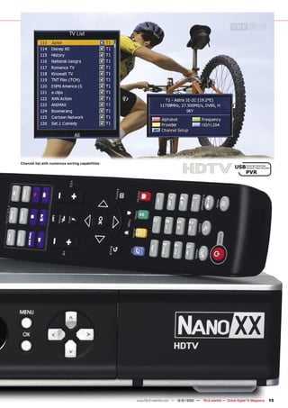 Channel list with numerous sorting capabilities




                                                  www.TELE-satellite.com — 12-01/2010 —   TELE-satellite — Global Digital TV Magazine   15
 