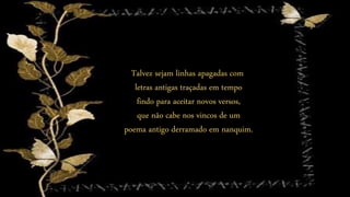 Talvez sejam linhas apagadas com
letras antigas traçadas em tempo
findo para aceitar novos versos,
que não cabe nos vincos de um
poema antigo derramado em nanquim.