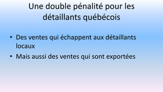Une double pénalité pour les
détaillants québécois
• Des ventes qui échappent aux détaillants
locaux
• Mais aussi des ventes qui sont exportées
 