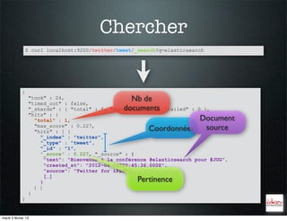 Chercher
                 $ curl localhost:9200/twitter/tweet/_search?q=elasticsearch




             {
                 "took" : 24,                      Nb de
                 "timed_out" : false,
                                                 documents
                 "_shards" : { "total" : 5, "successful" : 5, "failed" : 0 },
                 "hits" : {
                   "total" : 1,                                      Document
                   "max_score" : 0.227,
                   "hits" : [ {                          Coordonnées  source
                     "_index" : "twitter",
                     "_type" : "tweet",
                     "_id" : "1",
                     "_score" : 0.227, "_source" : {
                       "text": "Bienvenue à la conférence #elasticsearch pour #JUG",
                       "created_at": "2012-04-06T20:45:36.000Z",
                       "source": "Twitter for iPad",
                       […]
                     }                                Pertinence
                   } ]
                 }
             }


mardi 5 février 13
 