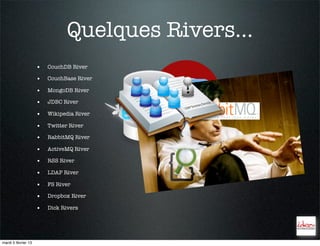Quelques Rivers...
                     •   CouchDB River

                     •   CouchBase River

                     •   MongoDB River

                     •   JDBC River

                     •   Wikipedia River

                     •   Twitter River

                     •   RabbitMQ River

                     •   ActiveMQ River

                     •   RSS River

                     •   LDAP River

                     •   FS River

                     •   Dropbox River

                     •   Dick Rivers




mardi 5 février 13
 