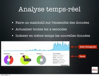 Analyse temps-réel
                     • Faire un matchAll sur l'ensemble des données
                     • Actualiser toutes les x secondes
                     • Indexer en même temps les nouvelles données

                                                             Date histogram



                                                             Term




mardi 5 février 13
 