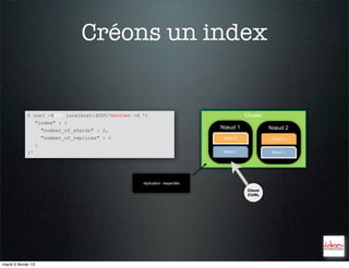 Créons un index


             $ curl -XPUT localhost:9200/twitter -d '{                                     Cluster
                     "index" : {
                                                                                Nœud 1
                                                                                Nœud 1               Nœud 2
                         "number_of_shards" : 2,
                         "number_of_replicas" : 1                               Shard 00
                                                                                 Shard               Shard 0
                     }
                                                                                Shard 11
                                                                                 Shard
             }'                                                                                      Shard 1




                                                    réplication non respectée
                                                      réplication respectée
                                                                                            Client
                                                                                            CURL




mardi 5 février 13
 