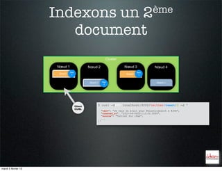 Indexons un                                                           2ème

                        document
                                                             Cluster

                     Nœud 1                    Nœud 2                     Nœud 3               Nœud 4
                                Doc                                                  Doc
                      Shard 0    1                                         Shard 0    1


                                               Shard 1    Doc                                   Shard 1
                                                           2




                                      Client         $ curl -XPUT localhost:9200/twitter/tweet/2 -d '
                                      CURL           {
                                                          "text": "Je fais du bruit pour #elasticsearch à #JUG",
                                                          "created_at": "2012-04-06T21:12:52.000Z",
                                                          "source": "Twitter for iPad",
                                                          ...
                                                     }'




mardi 5 février 13
 
