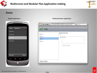 © 2010 Adobe Systems Incorporated. All Rights Reserved.
Multiscreen and Modular Flex Application making
o Demo
Mobile Application Desktop Browser Application
 