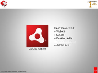 © 2010 Adobe Systems Incorporated. All Rights Reserved.
ADOBE AIR 2.0
Flash Player 10.1
+ WebKit
+ SQLite
+ Desktop APIs
---------------------
= Adobe AIR
 