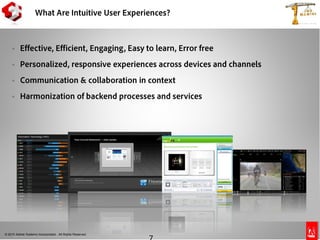 © 2010 Adobe Systems Incorporated. All Rights Reserved.
®
Copyright 2009Adobe Systems Incorporated. All rights reserved. Adobe confidential.
What Are Intuitive User Experiences?
 Effective, Efficient, Engaging, Easy to learn, Error free
 Personalized, responsive experiences across devices and channels
 Communication & collaboration in context
 Harmonization of backend processes and services
 
