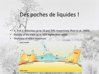 Des poches de liquides !Vp and Vs reduction up to 10 and 30% respectively (Rost et al., 2005)Density of the melt up to 50% higher than solids Thickness of 40km maximum