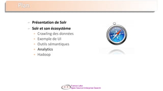 Présentation de Solr
Solr et son écosystème
 Crawling des données
 Exemple de UI
 Outils sémantiques
 Analytics
 Hadoop
 