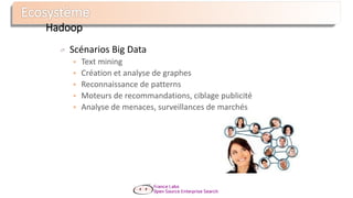 Hadoop
Scénarios Big Data
 Text mining
 Création et analyse de graphes
 Reconnaissance de patterns
 Moteurs de recommandations, ciblage publicité
 Analyse de menaces, surveillances de marchés
 