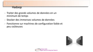 Hadoop
Traiter des grands volumes de données en un
minimum de temps
Stocker des immenses volumes de données
Fonctionne sur machines de configuration faible et
peu coûteuses
 