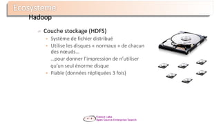 Hadoop
Couche stockage (HDFS)
 Système de fichier distribué
 Utilise les disques « normaux » de chacun
des nœuds…
…pour donner l’impression de n’utiliser
qu’un seul énorme disque
 Fiable (données répliquées 3 fois)
 
