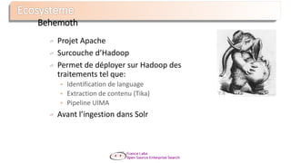 Projet Apache
Surcouche d’Hadoop
Permet de déployer sur Hadoop des
traitements tel que:
 Identification de language
 Extraction de contenu (Tika)
 Pipeline UIMA
Avant l’ingestion dans Solr
Behemoth
 