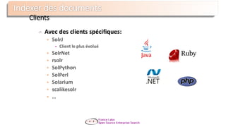 Avec des clients spécifiques:
 SolrJ
• Client le plus évolué
 SolrNet
 rsolr
 SolPython
 SolPerl
 Solarium
 scalikesolr
 …
Clients
 