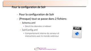 Pour la configuration de Solr
Pour la configuration de Solr
(Presque) tout se passe dans 2 fichiers:
 Schema.xml
• Décrit les données à indexer
 SolrConfig.xml
• Comportement interne du serveur et
interactions avec le monde extérieur
 