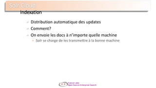 Indexation
Distribution automatique des updates
Comment?
On envoie les docs à n’importe quelle machine
 Solr se charge de les transmettre à la bonne machine
 