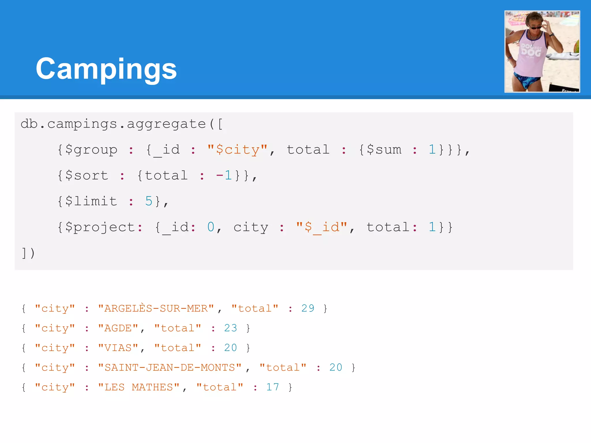 Campings db.campings.aggregate([ {$group : {_id : "$city", total : {$sum : 1}}}, {$sort : {total : -1}}, {$limit : 5}, {$project: {_id: 0, city : "$_id", total: 1}} ]) { "city" : "ARGELÈS-SUR-MER" , "total" : 29 } { "city" : "AGDE", "total" : 23 } { "city" : "VIAS", "total" : 20 } { "city" : "SAINT-JEAN-DE-MONTS" , "total" : 20 } { "city" : "LES MATHES", "total" : 17 } 