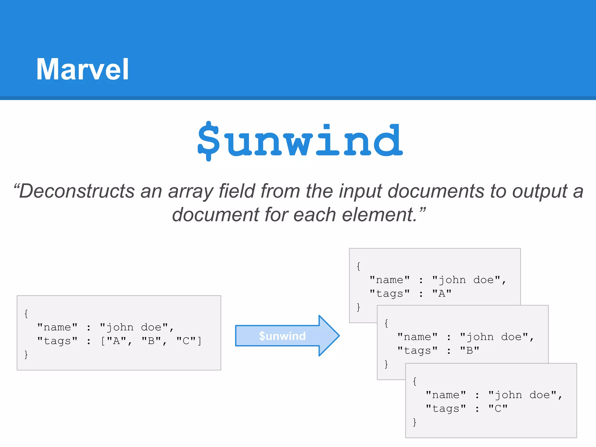 Marvel “Deconstructs an array field from the input documents to output a document for each element.” $unwind { "name" : "john doe", "tags" : ["A", "B", "C"] } { "name" : "john doe", "tags" : "A" } { "name" : "john doe", "tags" : "B" } { "name" : "john doe", "tags" : "C" } $unwind 