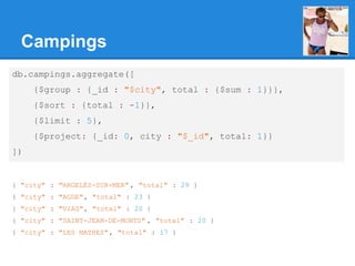 Campings
db.campings.aggregate([
{$group : {_id : "$city", total : {$sum : 1}}},
{$sort : {total : -1}},
{$limit : 5},
{$project: {_id: 0, city : "$_id", total: 1}}
])
{ "city" : "ARGELÈS-SUR-MER" , "total" : 29 }
{ "city" : "AGDE", "total" : 23 }
{ "city" : "VIAS", "total" : 20 }
{ "city" : "SAINT-JEAN-DE-MONTS" , "total" : 20 }
{ "city" : "LES MATHES", "total" : 17 }
 