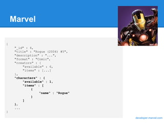 Marvel
{
"_id" : 4,
"title" : "Rogue (2004) #5",
"description" : "...",
"format" : "Comic",
"creators" : {
"available" : 6,
"items" : [...]
},
"characters" : {
"available" : 1,
"items" : [
{
"name" : "Rogue"
}
]
},
...
}
developer.marvel.com
 