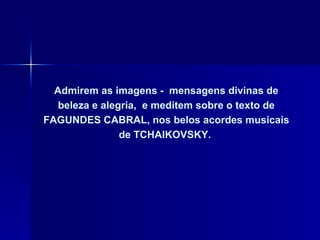Admirem as imagens -  mensagens divinas de beleza e alegria,  e meditem sobre o texto de FAGUNDES CABRAL, nos belos acordes musicais de TCHAIKOVSKY.  