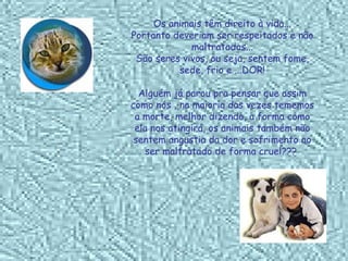 Os animais têm direito à vida... Portanto deveriam ser respeitados e não maltratados... São seres vivos, ou seja, sentem fome, sede, frio e ...DOR! Alguém já parou pra pensar que assim como nós , na maioria das vezes tememos a morte, melhor dizendo, a forma como ela nos atingirá, os animais também não sentem angustia da dor e sofrimento ao ser maltratado de forma cruel???  