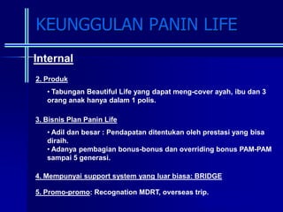 KEUNGGULAN PANIN LIFE
Internal
2. Produk
   • Tabungan Beautiful Life yang dapat meng-cover ayah, ibu dan 3
   orang anak hanya dalam 1 polis.

3. Bisnis Plan Panin Life
   • Adil dan besar : Pendapatan ditentukan oleh prestasi yang bisa
   diraih.
   • Adanya pembagian bonus-bonus dan overriding bonus PAM-PAM
   sampai 5 generasi.

4. Mempunyai support system yang luar biasa: BRIDGE

5. Promo-promo: Recognation MDRT, overseas trip.
 