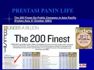 PRESTASI PANIN LIFE
The 200 Finest Go Public Company in Asia Pacific
(Forbes Asia 31 October 2005)
 