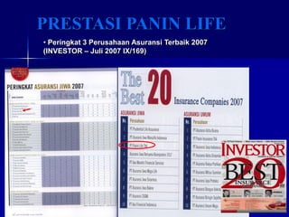 PRESTASI PANIN LIFE
• Peringkat 3 Perusahaan Asuransi Terbaik 2007
(INVESTOR – Juli 2007 IX/169)
 