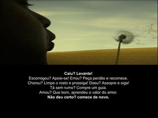 Caiu? Levante!
Escorregou? Apoie-se! Errou? Peça perdão e recomece.
Chorou? Limpe o rosto e prossiga! Doeu? Assopre e siga!
Tá sem rumo? Compre um guia.
Amou? Que bom, aprendeu o valor do amor.
Não deu certo? comece de novo.
 
