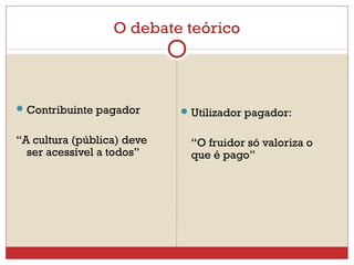 O debate teórico 
Contribuinte pagador 
“A cultura (pública) deve 
ser acessível a todos” 
Utilizador pagador: 
“O fruidor só valoriza o 
que é pago” 
 