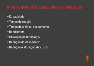 MONITORAMENTO E MEDIÇÃO DE PROCESSOS
• Capacidade
• Tempo de reação
• Tempo de ciclo ou escoamento
• Rendimento
• Utilização de tecnologia
• Redução do desperdício
• Redução e alocação de custos
 