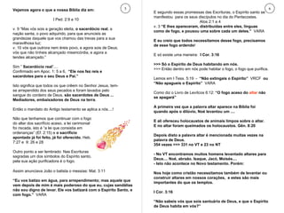 E segundo essas promessas das Escrituras, o Espírito santo se manifestou  para os seus discípulos no dia do Pentecostes. Atos 2:1 a 4  v. 3  “E lhes apareceram, distribuídas entre eles, línguas como de fogo, e pousou uma sobre cada um deles.”  VARA E eu creio que todos necessitamos desse fogo, precisamos de esse fogo ardendo ! E só existe uma maneira:  I Cor. 3:16 >>> Só o Espírito de Deus habitando em nós. >>> Então dentro em nós pode habitar o fogo, o fogo que purifica. Lemos em I Tess. 5:19  -  “Não extingais o Espírito”  VRCF   ou “Não apagueis o Espírito”  VARA Como diz o Livro de Levítcos 6:12:  “O fogo aceso do  altar  não se apagará” A primeira vez que a palavra altar aparece na Bíblia foi quando após o dilúvio, Noé levantou um .... E ali ofereceu holocaustos de animais limpos sobre o altar. E no altar foram queimados os holocaustos. Gên. 8:20 Depois disto a palavra altar é mencionada muitas vezes na palavra de Deus. 354 vezes >>> 331 no VT e 23 no NT - No VT encontramos muitos homens levantado altares para Deus.... Noé, abraão. Isaque, Jacó, Moisés.... - Isto não acontece no Novo testamento. Porém: Nos hoje como cristão necessitamos também de levantar ou construir altares em nossos corações,  e estes são mais importantes do que os templos. I Cor. 3:16 “ Não sabeis vós que sois santuário de Deus, e que o Espírito de Deus habita em vós?”  Vejamos agora o que a nossa Bíblia diz em: I Ped. 2:9 a 10 v. 9 “Mas vós sois a geração eleita,  o sacerdócio real , a nação santa, o povo adquirido, para que anuncieis as grandezas daquele que vos chamou das trevas para a sua maravilhosa luz; v. 10 vós que outrora nem éreis povo, e agora sois de Deus; vós que não tínheis alcançado misericórdia, e agora a tendes alcançado.” Sim ”  Sacerdócio real ”.... Confirmado em Apoc. 1: 5 a 6,  “Ele nos fez reis e sacerdotes para o seu Deus e Pai.” Isto significa que todos os que crêem no Senhor Jesus, tem-se arrependido dos seus pecados e foram lavados pelo sangue do cordeiro de Deus,  são sacerdotes de Deus ... Mediadores, embaixadores de Deus na terra . Então o mandato do Antigo testamento se aplica a nós....!  5 6 Não que tenhamos que continuar com o fogo do altar dos sacrifício aceso, a lei cerimonial foi riscada, isto é “a lei que consistia em ordenanças” (Ef. 2:15) e  o sacrifício apontado já foi feito, já foi oferecido.  Heb. 7:27 e  9: 26 e 28 Outro ponto a ser lembrado: Nas Escrituras sagradas um dos símbolos do Espírito santo, pela sua ação purificadora é o fogo. Assim anunciava João o batista o messias: Mat. 3:11 “ Eu vos batizo em água, para arrependimento; mas aquele que vem depois de mim é mais poderoso do que eu, cujas sandálias não sou digno de levar. Ele vos batizará com o Espírito Santo, e com fogo.”  VARA 
