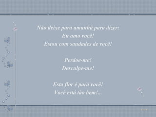 Não deixe para amanhã para dizer: Eu amo você! Estou com saudades de você! Perdoe-me! Desculpe-me! Esta flor é para você! Você está tão bem!... Não deixe para amanhã para dizer: Eu amo você! Estou com saudades de você! Perdoe-me! Desculpe-me! Esta flor é para você! Você está tão bem!... 