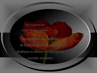 Não é preciso que você ame seus inimigos. Importa que suas atitudes de legítima bondade e retidão desfaçam os liames de ódio que os mantêm atrelados a sua pessoa. 