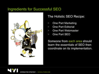 Ingredients for Successful SEO The Holistic SEO Recipe: One Part Marketing One Part Editorial One Part Webmaster One Part SEO Someone from  each area  should learn the essentials of SEO then coordinate on its implementation. INTERACTIVE STRATEGY  –  NVISOLUTIONS.COM 