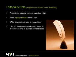 Editorial’s Role  | Keywords to Content, Titles, Interlinking Proactively suggest content based on KWs Write  highly clickable  <title> tags  Write keyword oriented on-page titles Link out from content to related areas of the website and to outside authority sites INTERACTIVE STRATEGY  –  NVISOLUTIONS.COM 