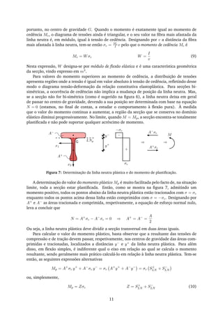 portanto, no centro de gravidade G. Quando o momento é exatamente igual ao momento de
cedência Mc, o diagrama de tensões ainda é triangular, e o seu valor na ﬁbra mais afastada da
linha neutra é, em módulo, igual à tensão de cedência. Designando por v a distância da ﬁbra
mais afastada à linha neutra, tem-se então σc = Mc
I v pelo que o momento de cedência Mc é
Mc = Wσc W =
I
v
(9)
Nesta expressão, W designa-se por módulo de ﬂexão elástica e é uma característica geométrica
da secção, vindo expresso em m3.
Para valores do momento superiores ao momento de cedência, a distribuição de tensões
apresenta regiões onde a tensão é igual em valor absoluto à tensão de cedência, reﬂetindo desse
modo o diagrama tensão-deformação da relação constitutiva elastoplástica. Para secções bi-
simétricas, a ocorrência de cedências não implica a mudança de posição da linha neutra. Mas,
se a secção não for bi-simétrica (como é sugerido na ﬁgura 6), a linha neutra deixa em geral
de passar no centro de gravidade, devendo a sua posição ser determinada com base na equação
N = 0 (estamos, no ﬁnal de contas, a estudar o comportamento à ﬂexão pura). À medida
que o valor do momento continua a aumentar, a região da secção que se conserva no domínio
elástico diminui progressivamente. No limite, quando M = Mp, a secção encontra-se totalmente
plastiﬁcada e não pode suportar qualquer acréscimo de momento.
x1
x2
G LNp
+
−
σc
−σc
y+
y−A−
A+
A−
σc
A+
σc
M
⇒ ⇒
Figura 7: Determinação da linha neutra plástica e do momento de plastiﬁcação.
A determinação do valor do momento plástico Mp é muito facilitada pelo facto de, na situação
limite, toda a secção estar plastiﬁcada. Então, como se mostra na ﬁgura 7, admitindo um
momento positivo, todos os pontos abaixo da linha neutra plástica estão tracionados com σ = σc
enquanto todos os pontos acima dessa linha estão comprimidos com σ = −σc. Designando por
A+ e A− as áreas tracionada e comprimida, respetivamente, a equação de esforço normal nulo,
leva a concluir que
N = A+
σc − A−
σc = 0 ⇒ A+
= A−
=
A
2
Ou seja, a linha neutra plástica deve dividir a secção transversal em duas áreas iguais.
Para calcular o valor do momento plástico, basta observar que a resultante das tensões de
compressão e de tração devem passar, respetivamente, nos centros de gravidade das áreas com-
primidas e tracionadas, localizados a distâncias y− e y+ da linha neutra plástica. Para além
disso, em ﬂexão simples, é indiferente qual o eixo em relação ao qual se calcula o momento
resultante, sendo geralmente mais prático calculá-lo em relação à linha neutra plástica. Tem-se
então, as seguintes expressões alternativas
Mp = A+
σc y+
+ A−
σc y−
= σc A+
y+
+ A−
y−
= σc S+
LN + S−
LN
ou, simplesmente,
Mp = Zσc Z = S+
LN + S−
LN (10)
11
 