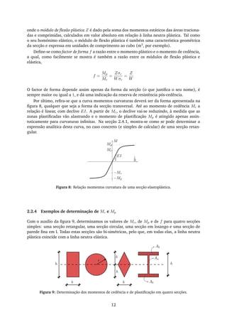 onde o módulo de ﬂexão plástica Z é dado pela soma dos momentos estáticos das áreas traciona-
das e comprimidas, calculados em valor absoluto em relação à linha neutra plástica. Tal como
o seu homónimo elástico, o módulo de ﬂexão plástica é também uma característica geométrica
da secção e expressa em unidades de comprimento ao cubo (m3, por exemplo).
Deﬁne-se como factor de forma f a razão entre o momento plástico e o momento de cedência,
a qual, como facilmente se mostra é também a razão entre os módulos de ﬂexão plástica e
elástica,
f =
Mp
Mc
=
Zσc
Wσc
=
Z
W
O factor de forma depende assim apenas da forma da secção (o que justiﬁca o seu nome), é
sempre maior ou igual a 1, e dá uma indicação da reserva de resistência pós-cedência.
Por último, reﬁra-se que a curva momentos curvaturas deverá ser da forma apresentada na
ﬁgura 8, qualquer que seja a forma da secção transversal. Até ao momento de cedência Mc a
relação é linear, com declive EI. A partir de Mc, o declive vai-se reduzindo, à medida que as
zonas plastiﬁcadas vão alastrando e o momento de plastiﬁcação Mp é atingido apenas assin-
toticamente para curvaturas inﬁnitas. Na secção 2.4.1, mostra-se como se pode determinar a
expressão analítica desta curva, no caso concreto (e simples de calcular) de uma secção retan-
gular.
M
1
R1
EI
Mp
Mc
−Mp
−Mc
Figura 8: Relação momentos curvatura de uma secção elastoplástica.
2.2.4 Exemplos de determinação de Mc e Mp
Com o auxílio da ﬁgura 9, determinamos os valores de Mc, de Mp e de f para quatro secções
simples: uma secção retangular, uma secção circular, uma secção em losango e uma secção de
parede ﬁna em I. Todas estas secções são bi-simétricas, pelo que, em todas elas, a linha neutra
plástica coincide com a linha neutra elástica.
b
h
b
h
h
r
h
Ab
Aa
Ab
Figura 9: Determinação dos momentos de cedência e de plastiﬁcação em quatro secções.
12
 