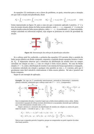 As equações (3) continuam a ser a chave do problema, as quais, reescritas para a situação
em que toda a secção está plastiﬁcada, ﬁcam
Np =
A−
(−σc) dA +
A+
(+σc) dA Mp =
A−
(−σcx2) dA +
A+
(+σcx2) dA (11)
Como representado na ﬁgura 10, para o caso em que o momento aplicado é positivo, A+ é a
área da secção situada abaixo da linha neutra plástica, onde σ = +σc, enquanto A− é a área da
secção situada acima da linha neutra plástica, onde σ = −σc. A coordenada x2 é, bem entendido,
sempre calculada no referencial original, cuja origem se posiciona no centro de gravidade da
secção.
x1
x2
σc
−σc
LN ⇒ Np
Mp
Figura 10: Determinação dos esforços de plastiﬁcação reduzidos
Se o esforço axial for conhecido, a primeira das equações (11) permite obter a posição da
linha neutra plástica em ﬂexão composta, enquanto a segunda dessas equações fornece o valor
de Mp. É importante observar que o momento da distribuição de tensões deve ser sempre
calculado em relação ao eixo x1 e não em relação à linha neutra plástica. No caso da ﬂexão
simples (N = 0), onde a distribuição de tensões é um sistema de forças equivalente a conjugado,
o momento calculado em relação a qualquer eixo paralelo ao eixo x1 é o mesmo, pelo que é
geralmente mais fácil calculá-lo relativamente à linha neutra plástica. Tal não é possível em
ﬂexão composta.
Segue-se um exemplo de aplicação.
Exemplo: Na viga em T considerada anteriormente, pretende-se determinar o momento
plástico reduzido, admitindo que o esforço axial vale N = −5a2
σc (compressão).
5a
4a
a
a
d = 3a
y = 29
18 a
G −
+
σc
−σc
2a
a
2a
Np
Mp,LN
⇒ ⇒
Np
Mp = Mp,LN + Np(d − y)
LNp
Face à compressão elevada, é razoável supor que a linha neutra plástica corta a alma. Então,
recorrendo à equação do esforço normal, determina-se a sua posição, havendo que conﬁrmar
que d está efetivamente situado entre a e 5a.
Depois calcula-se o momento da distribuição de tensões em relação ao centro de gravi-
dade da secção — recorde-se que y = 29
18 a = 1,611 a.
Np = −5a2
σc = −σc 4a2
+ ad + σc (5a − d) a ⇒ d = 3a
Mp = 2a2
σc (4a − y) − 2a2
σc (2a − y) + 5a2
σc y −
a
2
=
86
9
a3
σc = 9,56 a3
σc
Note-se que a segunda parcela é negativa, porque as compressões na parte superior da alma
têm braço positivo.
15
 