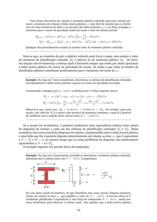 Uma forma alternativa de calcular o momento plástico reduzido passa por calcular pri-
meiro o momento em relação à linha neutra plástica — mais fácil de calcular pois as distân-
cias são mais intuitivas de obter e as parcelas são todas positivas —, e, no ﬁnal, propagar o
momento para o centro de gravidade tendo em conta o valor do esforço normal.
Mp,LN = 2a2
σca + 2a2
σca + 5a2
σc 2a +
a
2
= 16,5 a3
σc
Mp = Mp,LN + Np(d − y) = 16,5 a3
σc − 5a2
σc (3a − 1,611 a) = 9,56 a3
σc
Qualquer dos procedimentos conduz ao mesmo valor do momento plástico reduzido.
Note-se que, ao contrário do que o adjetivo reduzido pode levar a supor, nem sempre o valor
do momento de plastiﬁcação reduzido Mp é inferior ao do momento plástico Mp. De facto,
em secções não bi-simétricas o esforço axial é favorável sempre que tenha por efeito aproximar
a linha neutra plástica do centro de gravidade da secção, de modo a que todas as tensões da
distribuição plástica contribuam positivamente para o momento em torno de x1.
Exemplo: Na viga em T atrás considerada, determinar os esforços de plastiﬁcação reduzidos
correspondentes à linha neutra plástica a passar no centro de gravidade da secção.
Continuando a designar por y = 1.611 a a distância de G à ﬁbra superior, tem-se
Np = −σc 5a2
+ a(y − a) + σc (5a − y) a = −2,22 a2
σc
Mp = 5a2
σc y −
a
2
+ σc
(y − a)
2
2
+ σc
(5a − y)
2
2
= 11,48 a3
σc
Observa-se que, neste caso, Mp = 11,48 a3
σc > 10,450 a3
σc = Mp. Na verdade, para esta
secção, este valor de Mp é o maior valor possível do momento resistente, o qual só é possível
de mobilizar com a atuação deste esforço axial Np = −2,22 a2
σc.
Se a secção for bi-simétrica, é possível estabelecer uma equivalência estática entre partes
do diagrama de tensões e cada um dos esforços de plastiﬁcação reduzidos Np e Mp. Basta
considerar uma zona central do diagrama de tensões, compreendida entre a linha neutra plástica
e uma linha que lhe é paralela disposta simetricamente em relação ao eixo x1, que é equivalente
a N = Np e M = 0; ao mesmo tempo que as zonas periféricas do diagrama são estaticamente
equivalentes a N = 0 e Mp.
O exemplo seguinte tira partido desta decomposição.
Exemplo: Na viga em I representada, pretende-se determinar o momento plástico reduzido,
admitindo que o esforço axial vale N = −5a2
σc (compressão).
5a
3a
a
a
d
G −
+
σc
−σc
a − d
a − d
3a + 2d ⇒
Np
Mp
LNp
a
No caso desta secção bi-simétrica, há que identiﬁcar uma zona central, disposta simetrica-
mente em relação ao eixo x1, que equilibre o valor de N = −5a2
σc. A área da alma (3a2
)
totalmente plastiﬁcada é equivalente a uma força de compressão N = −3a2
σc, sendo por-
tanto insuﬁciente para absorver o esforço axial. Isto signiﬁca que a linha neutra plástica
16
 