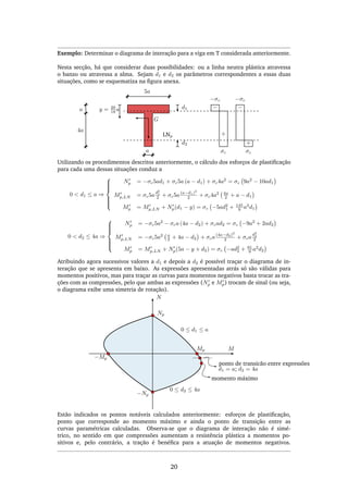 Exemplo: Determinar o diagrama de interação para a viga em T considerada anteriormente.
Nesta secção, há que considerar duas possibilidades: ou a linha neutra plástica atravessa
o banzo ou atravessa a alma. Sejam d1 e d2 os parâmetros correspondentes a essas duas
situações, como se esquematiza na ﬁgura anexa.
5a
4a
a
a
d1y = 29
18 a
G
−
+
σc
−σc
LNp
−
+
σc
−σc
d2
Utilizando os procedimentos descritos anteriormente, o cálculo dos esforços de plastiﬁcação
para cada uma dessas situações conduz a
0 < d1 ≤ a ⇒



Np = −σc5ad1 + σc5a (a − d1) + σc4a2
= σc 9a2
− 10ad1
Mp,LN = σc5a
d2
1
2 + σc5a(a−d1)2
2 + σc4a2 4a
2 + a − d1
Mp = Mp,LN + Np(d1 − y) = σc −5ad2
1 + 145
9 a2
d1
0 < d2 ≤ 4a ⇒



Np = −σc5a2
− σca (4a − d2) + σcad2 = σc −9a2
+ 2ad2
Mp,LN = −σc5a2 a
2 + 4a − d2 + σca(4a−d2)2
2 + σca
d2
2
2
Mp = Mp,LN + Np(5a − y + d2) = σc −ad2
2 + 61
9 a2
d2
Atribuindo agora sucessivos valores a d1 e depois a d2 é possível traçar o diagrama de in-
teração que se apresenta em baixo. As expressões apresentadas atrás só são válidas para
momentos positivos, mas para traçar as curvas para momentos negativos basta trocar as tra-
ções com as compressões, pelo que ambas as expressões (Np e Mp) trocam de sinal (ou seja,
o diagrama exibe uma simetria de rotação).
M
N
Mp
Np
−Np
d1 = a; d2 = 4a
0 ≤ d1 ≤ a
0 ≤ d2 ≤ 4a
momento máximo
ponto de transicão entre expressões
−Mp
Estão indicados os pontos notáveis calculados anteriormente: esforços de plastiﬁcação,
ponto que corresponde ao momento máximo e ainda o ponto de transição entre as
curvas paramétricas calculadas. Observa-se que o diagrama de interação não é simé-
trico, no sentido em que compressões aumentam a resistência plástica a momentos po-
sitivos e, pelo contrário, a tração é benéﬁca para a atuação de momentos negativos.
20
 