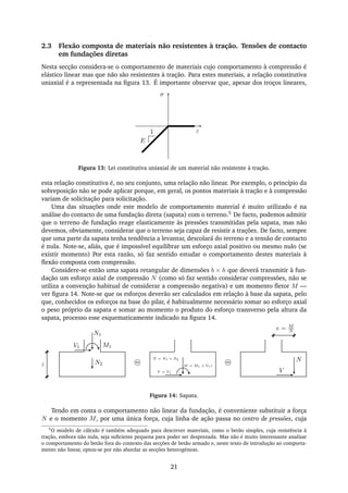 2.3 Flexão composta de materiais não resistentes à tração. Tensões de contacto
em fundações diretas
Nesta secção considera-se o comportamento de materiais cujo comportamento à compressão é
elástico linear mas que não são resistentes à tração. Para estes materiais, a relação constitutiva
uniaxial é a representada na ﬁgura 13. É importante observar que, apesar dos troços lineares,
σ
ε1
E
Figura 13: Lei constitutiva uniaxial de um material não resistente à tração.
esta relação constitutiva é, no seu conjunto, uma relação não linear. Por exemplo, o princípio da
sobreposição não se pode aplicar porque, em geral, os pontos materiais à tração e à compressão
variam de solicitação para solicitação.
Uma das situações onde este modelo de comportamento material é muito utilizado é na
análise do contacto de uma fundação direta (sapata) com o terreno.5 De facto, podemos admitir
que o terreno de fundação reage elasticamente às pressões transmitidas pela sapata, mas não
devemos, obviamente, considerar que o terreno seja capaz de resistir a trações. De facto, sempre
que uma parte da sapata tenha tendência a levantar, descolará do terreno e a tensão de contacto
é nula. Note-se, aliás, que é impossível equilibrar um esforço axial positivo ou mesmo nulo (se
existir momento) Por esta razão, só faz sentido estudar o comportamento destes materiais à
ﬂexão composta com compressão.
Considere-se então uma sapata retangular de dimensões b × h que deverá transmitir à fun-
dação um esforço axial de compressão N (como só faz sentido considerar compressões, não se
utiliza a convenção habitual de considerar a compressão negativa) e um momento ﬂetor M —
ver ﬁgura 14. Note-se que os esforços deverão ser calculados em relação à base da sapata, pelo
que, conhecidos os esforços na base do pilar, é habitualmente necessário somar ao esforço axial
o peso próprio da sapata e somar ao momento o produto do esforço transverso pela altura da
sapata, processo esse esquematicamente indicado na ﬁgura 14.
N1
M1V1
z N2
N = N1 + N2
M = M1 + V1z
V = V1 V
N
e = M
N
==
Figura 14: Sapata.
Tendo em conta o comportamento não linear da fundação, é conveniente substituir a força
N e o momento M, por uma única força, cuja linha de ação passa no centro de pressões, cuja
5
O modelo de cálculo é também adequado para descrever materiais, como o betão simples, cuja resistência à
tração, embora não nula, seja suﬁciente pequena para poder ser desprezada. Mas não é muito interessante analisar
o comportamento do betão fora do contexto das secções de betão armado e, neste texto de introdução ao comporta-
mento não linear, optou-se por não abordar as secções heterogéneas.
21
 