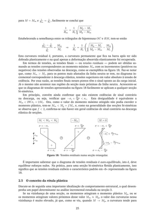 para M = Mm e 1
Rm
= 1
Rc
, facilmente se conclui que
1
Rm
=
1
Rc
Mp − Mc
Mp − Mm
Estabelecendo a semelhança entre os triângulos de hipotenusa OC e RM, tem-se então
1
Rm
− 1
Rc
1
Rc
=
Mm
Mc
⇒
1
Rr
=
1
Rc
Mp − Mc
Mp − Mm
−
Mm
Mc
Esta curvatura residual é, portanto, a curvatura permanente que ﬁca na barra após ter sido
dobrada plasticamente e na qual apenas a deformação absorvida elasticamente foi recuperada.
Em termos de tensões, as tensões ﬁnais — ou tensões residuais — podem ser obtidas so-
mando as tensões correspondentes ao momento máximo Mm com os incrementos (positivos ou
negativos) das tensões observadas na descarga, como se exempliﬁca na ﬁgura 18. Faz-se notar
que, como Mm > Mc, para os pontos mais afastados da linha neutra se tem, no diagrama in-
cremental correspondente à descarga elástica, tensões superiores em valor absoluto à tensão de
cedência. Por essa razão, as tensões ﬁnais nesses pontos têm o sinal oposto ao da carga inicial.
Já o mesmo não acontece nas regiões da secção mais próximas da linha neutra. Acrescente-se
que os diagramas de tensões apresentados na ﬁgura 18 facilmente se aplicam a qualquer secção
bi-simétrica.
Em princípio, convém ainda conﬁrmar que não existem cedências de sinal contrário
na descarga, ou seja, veriﬁcar que −σc + Mm
W < σc. Esta desigualdade é equivalente a
Mm < 2Wσc = 2Mc. Ora, como o valor do momento máximo atingido não podia exceder o
momento plástico, tem-se Mm < Mp = fMc, e, como na generalidade das secções bi-siméticas
se observa que f < 2, conﬁrma-se não haver em geral cedências de sinal contrário na descarga
elástica de secções.
σ = σc
σ = −σc
em
em
σ = −σc + Mm
Wσ = Mm
W
σ = −Mm
W
−
−
−
+
+
+
+
−
+ =
σ = σc − Mm
W
−σc + Mm
I em
+σc − Mm
I em
Mc < Mm < Mp −Mm M = 0
Figura 18: Tensões residuais numa secção retangular.
É importante salientar que o diagrama de tensões residuais é auto-equilibrado, isto é, deve
equilibrar esforços nulos. Na prática, para uma secção bi-simétrica ﬂetida plasticamente, isso
signiﬁca que as tensões residuais exibem o característico padrão em «S» representado na ﬁgura
18.
2.5 O conceito da rótula plástica
Discute-se de seguida uma importante idealização do comportamento estrutural, a qual desem-
penha um papel determinante na análise incremental estudada na secção 3.
Se na vizinhança de uma secção, os momentos atingiram o momento plástico Mp, ou se
os momentos atingiram valores próximos desse valor Mm ≈ Mp, o valor das curvaturas nessa
vizinhança é muito elevado, já que, como se viu, quando M → Mp, a curvatura tende para
25
 
